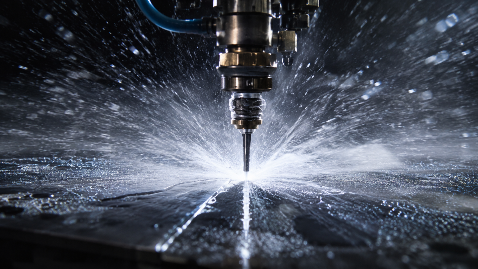 Waterjet nozzle firing high-pressure stream