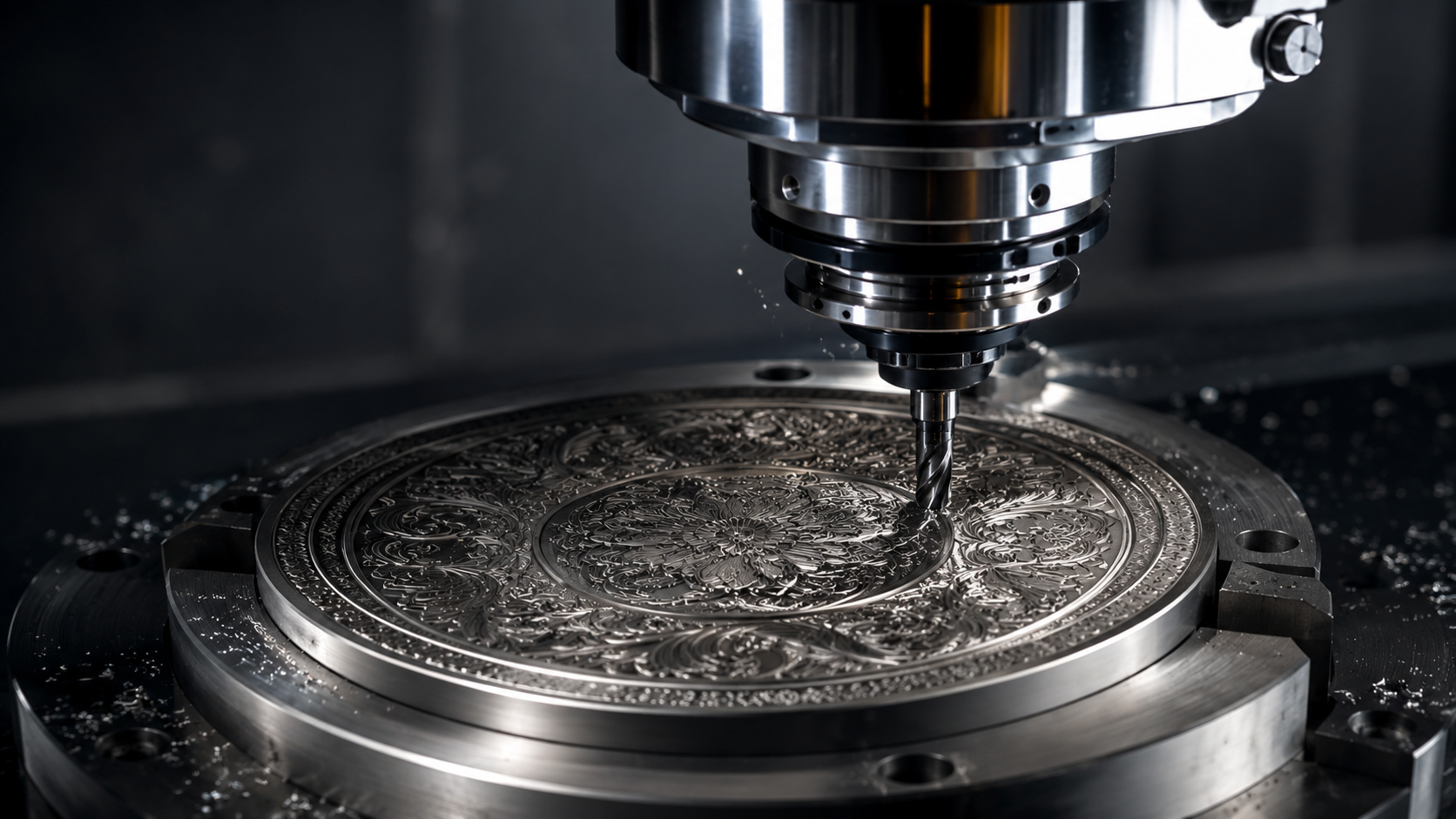 Vertical CNC engraving an ornate metal disc
