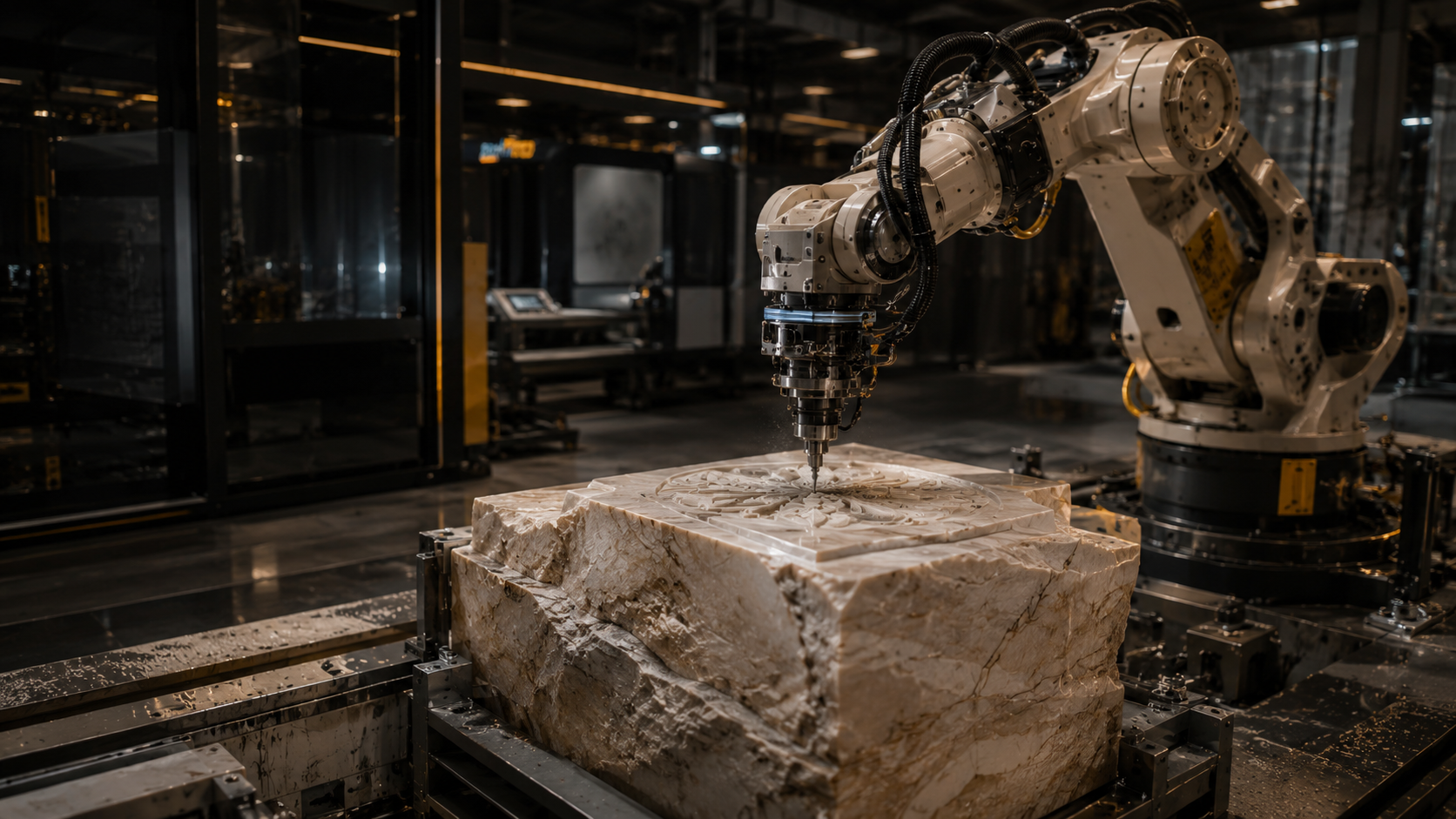 6-axis robot arm carving a stone block