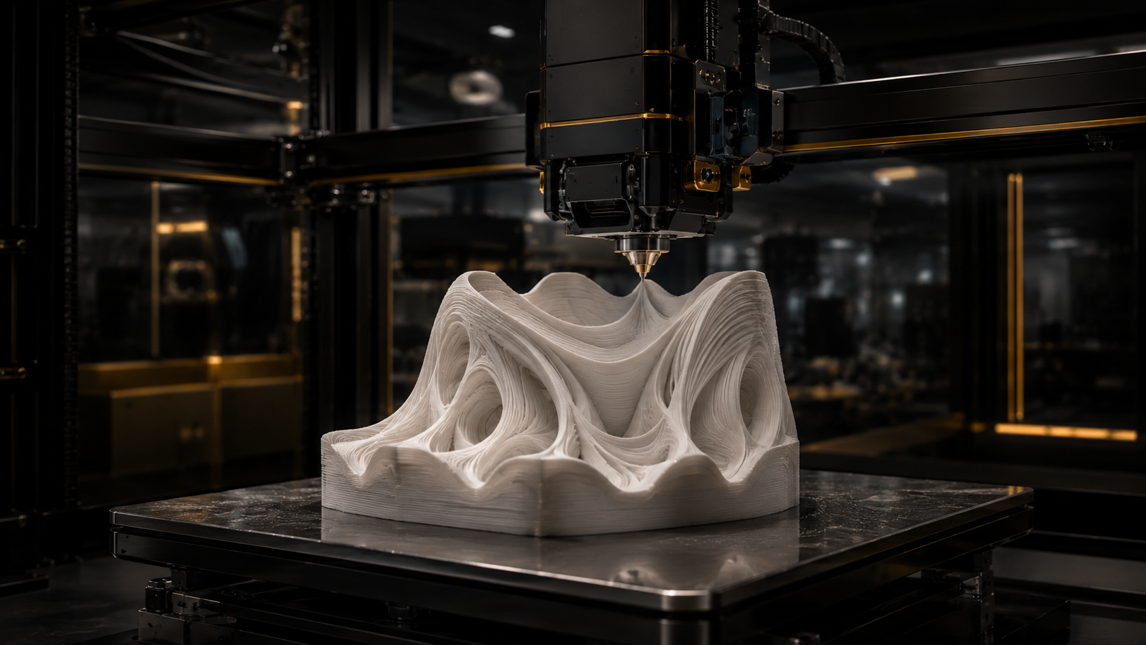 Large-format 3D printer producing a white gear part