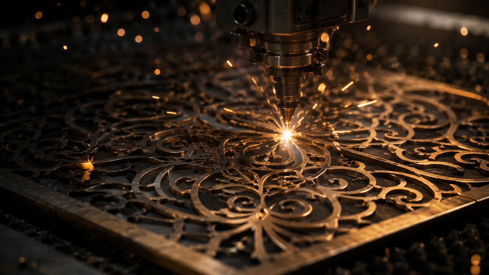 Laser cutting golden ornamental patterns with sparks