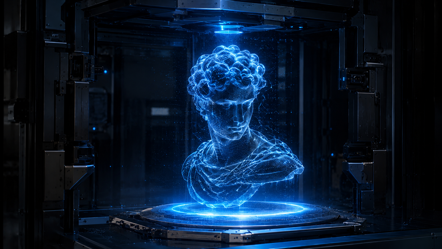 Blue 3D scan hologram of a classical bust