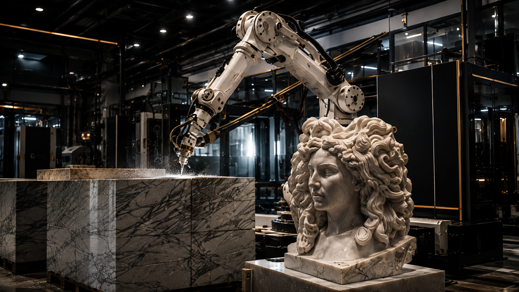 Robotic arm sculpting a classical marble bust inside the production facility