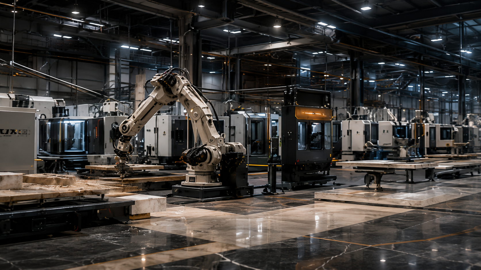 Wide view of the machine dock with robotic fabrication systems