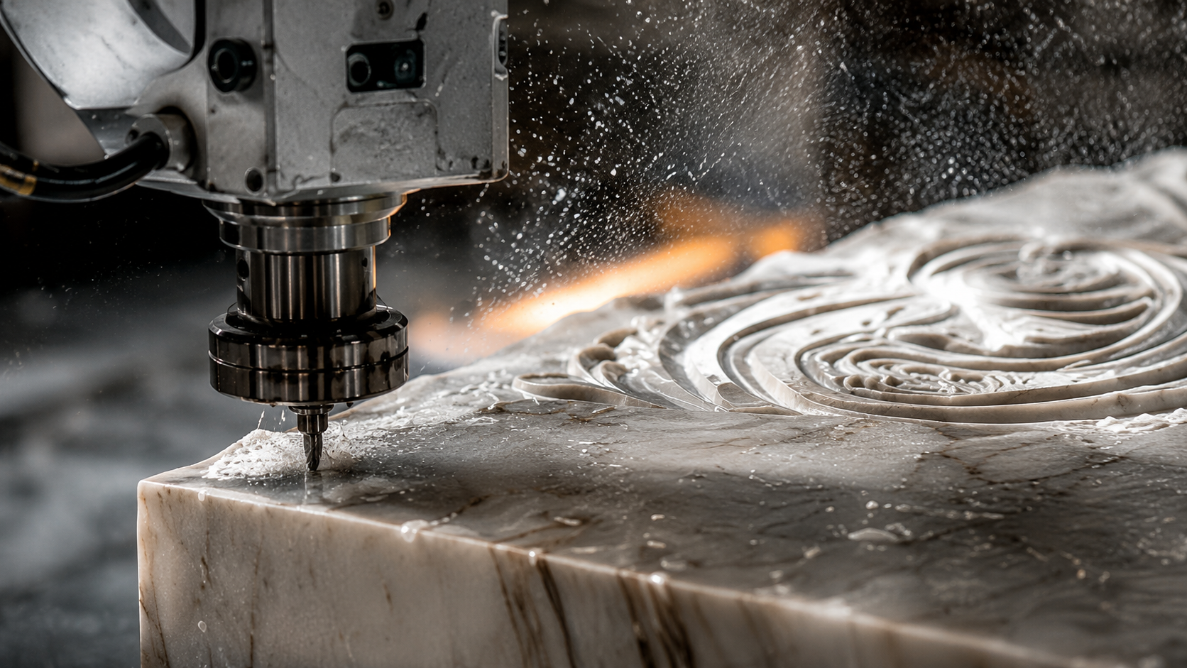 Robotic milling head carving detailed relief into a marble block