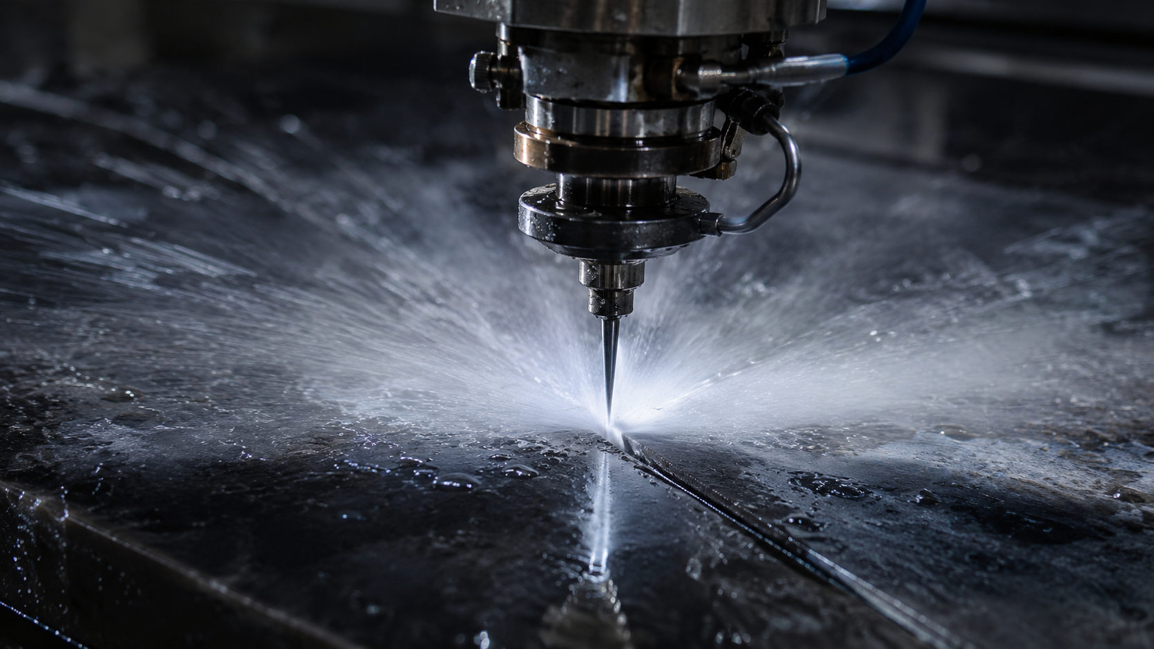 High-pressure waterjet cutting through dark stone