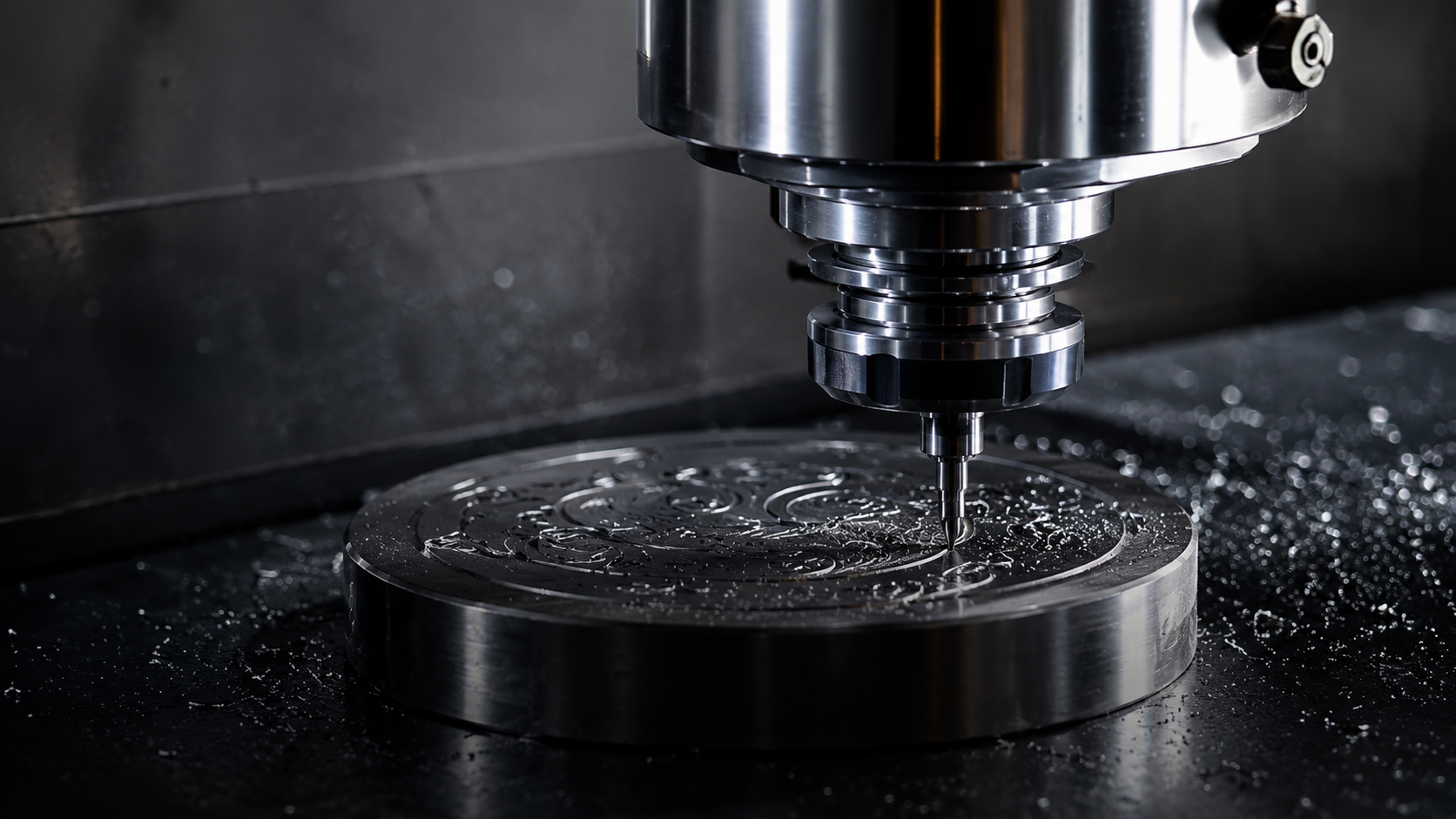 CNC engraving spindle detailing a metal coin blank